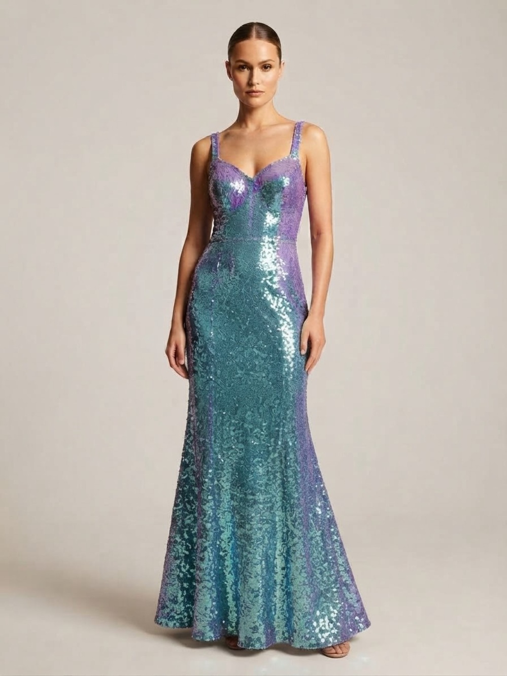 Tiffany Designs Sequin Mermaid Gown in Purple and Aqua size 6